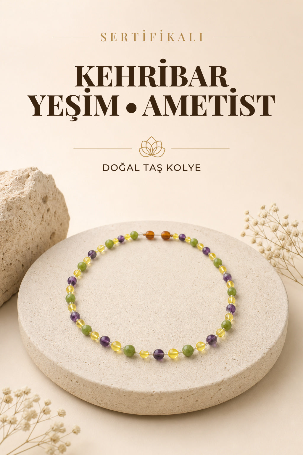 Sertifikalı Kehribar - Yeşim - Ametist - Doğal Taş Çocuk Kolyesi