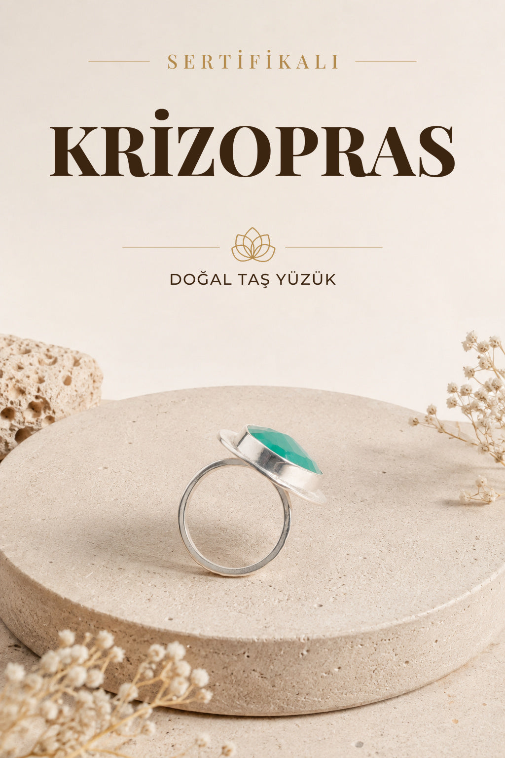 SERTİFİKALI Krizopras Doğal Taş 925 Ayar Gümüş Yüzük
