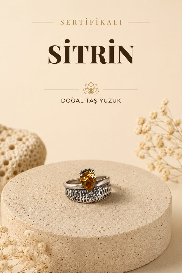 SERTİFİKALI Sitrin Doğal Taş 925 Ayar Gümüş Yüzük