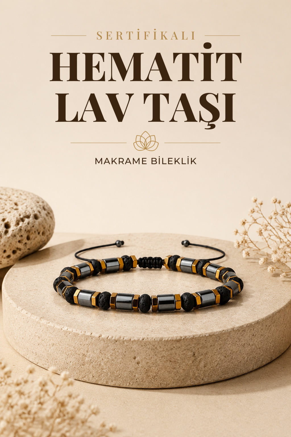 Sertifikalı Hematit Lav Taşlı Makrome Erkek Bilekliği