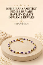 Sertifikalı Kehribar-ametist-pembe Kuvars-havlit-kalsit-dumanlı Kuvars-doğal Taş Kolye