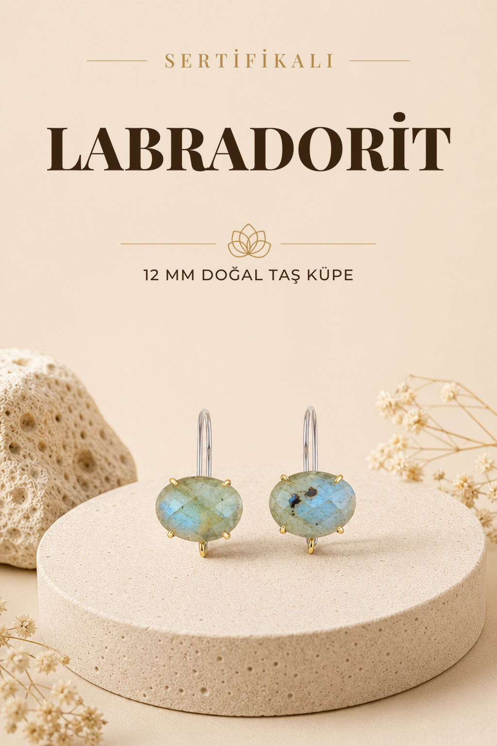 Sertifikalı Labrodite Doğal Taş Küpe - 10x12mm Açık Yeşil