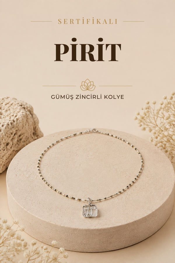 Sertifikalı Doğal Taş Kolye - Pirit Taşı (Gümüş Zincir Dahil)