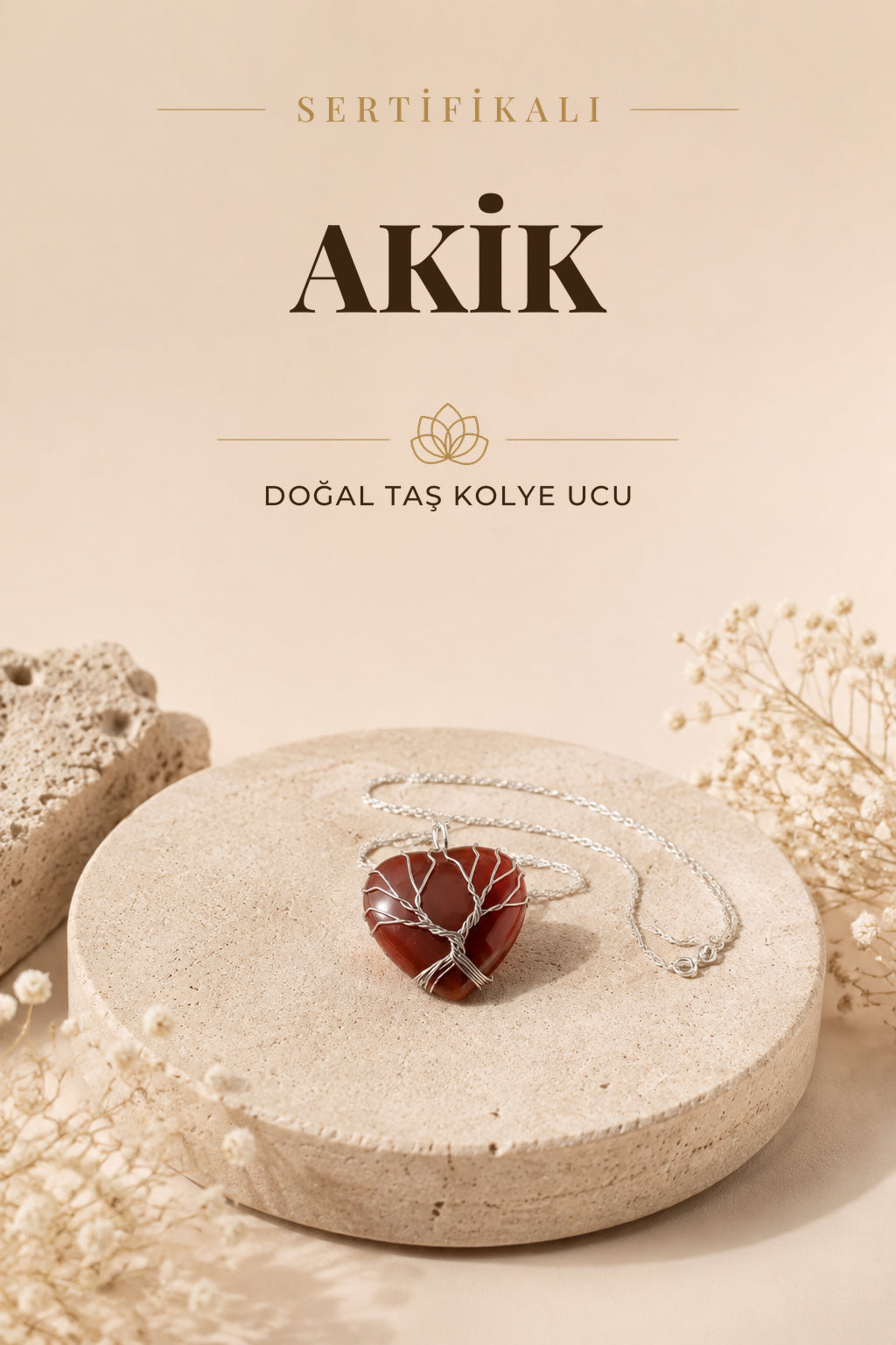 Sertifikalı Akik Kolye Ucu Gümüş Zincirle Birlikte