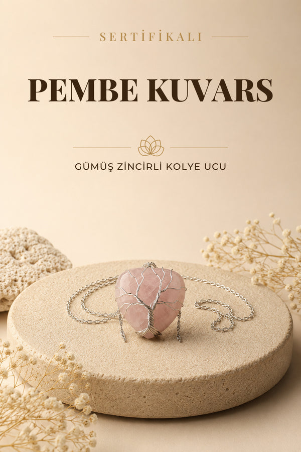 Sertifikalı Pembe Kuvars Kolye Ucu Gümüş Zincir Dahil