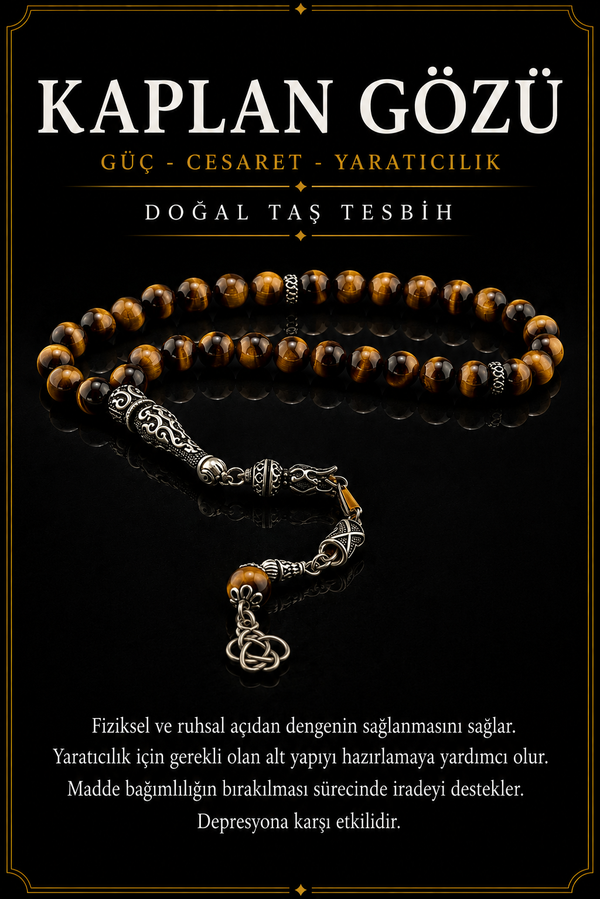 Sertifikalı Kaplan Gözü Doğal Taş Tesbih (GÜMÜŞ İMAME GÜMÜŞ PÜSKÜL)
