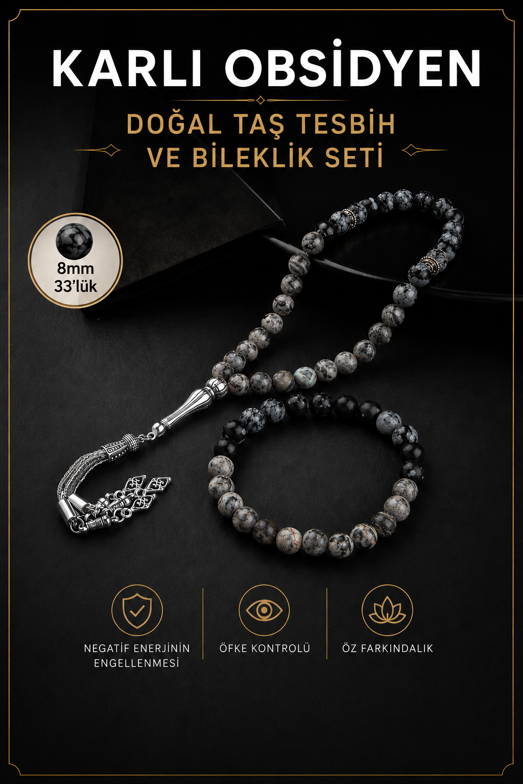 Sertifikalı Karlı Obsidyen, Gri Doğal Taşlı 33'lük Tesbih Ve Bileklik Takım