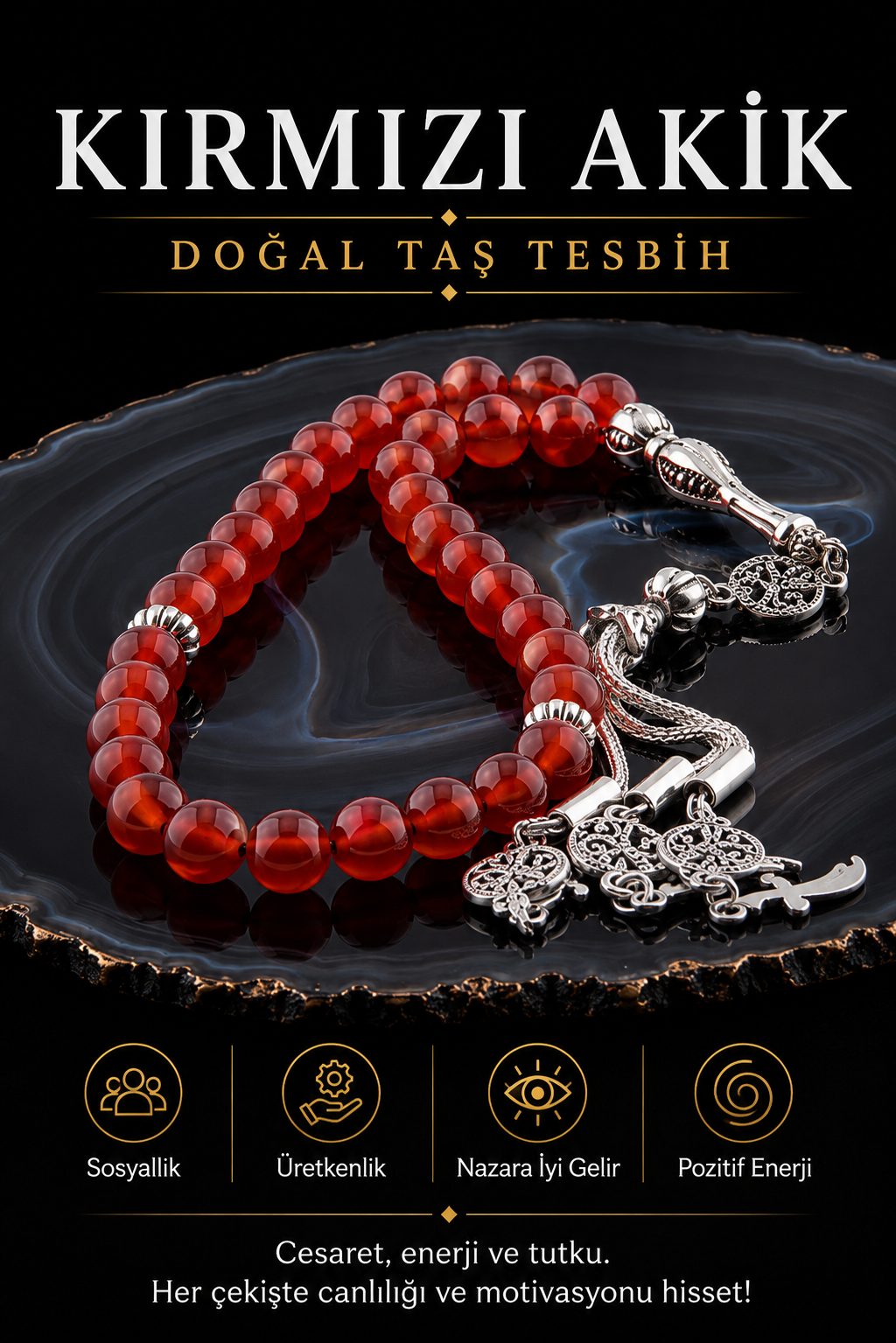 Sertifikalı Kırmızı Akik Doğal Taş Tesbih T168