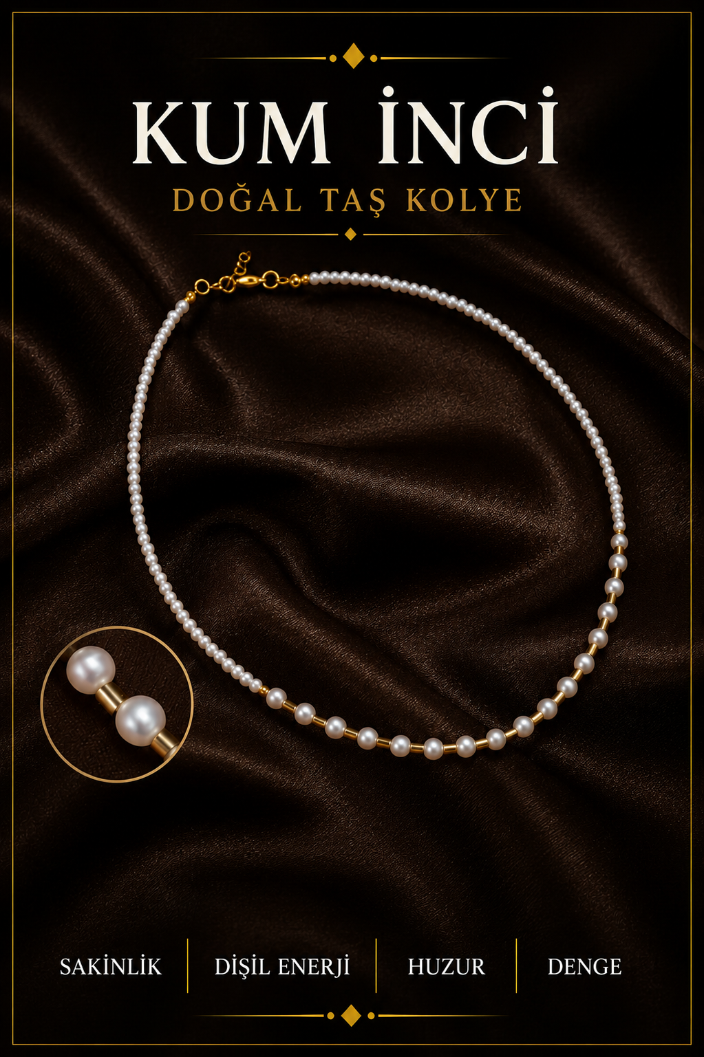 Kum Inci Doğal Taş Gümüş Kapama Kolye (3CM UZATMA İLE BİRLİKTE)