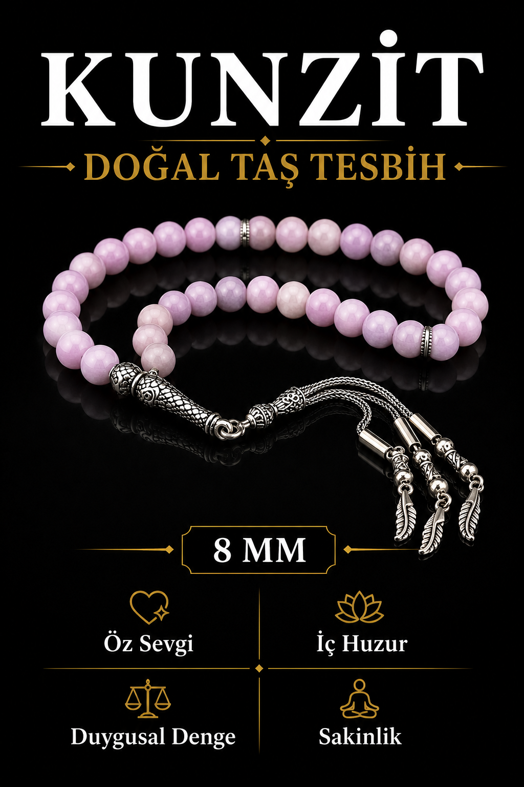 Sertifikalı Kunzit 33'lük Doğal Taş Tesbih 8 Mm (METAL AKSAMLI)