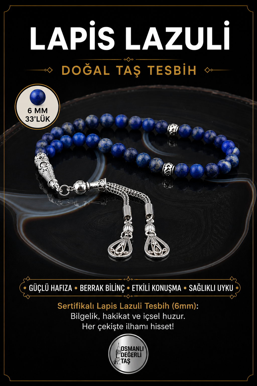 Sertifikalı Lapis Lazuli Doğaltaş Tesbih 6 Mm, T197
