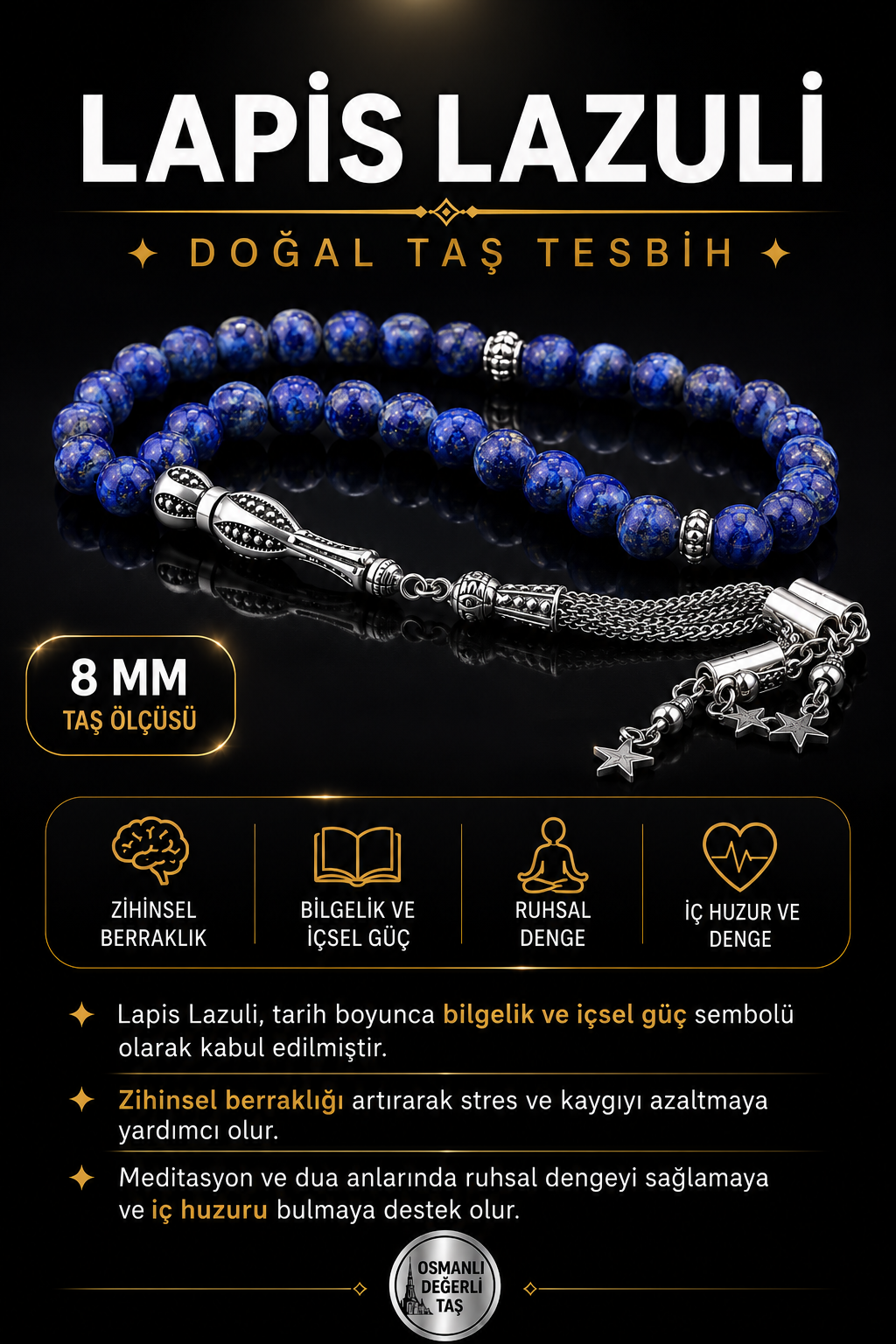 Sertifikalı Lapis Lazuli Doğal Taş Tesbih T184