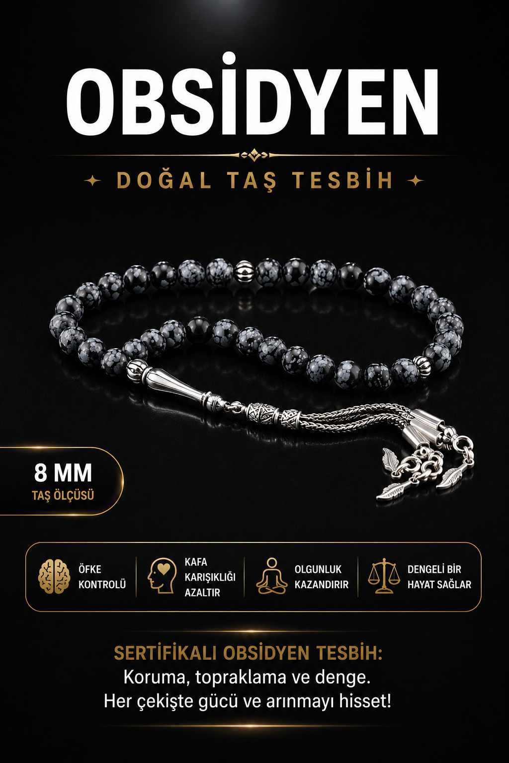 Sertifikalı Obsidyen Doğal Taş Tesbih T181