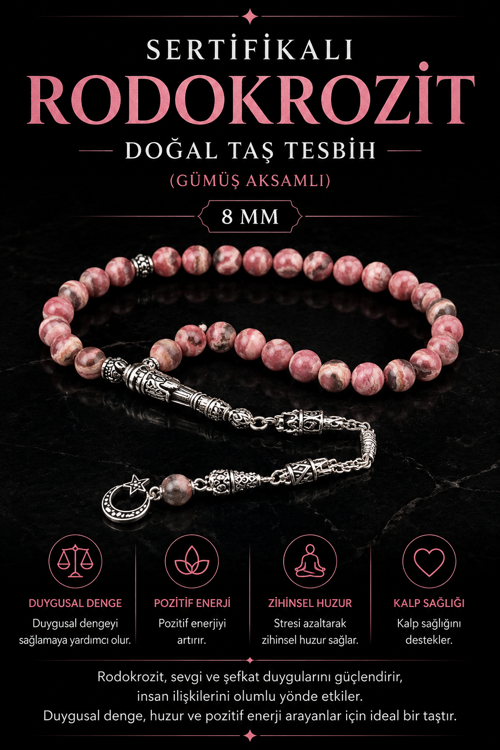 Sertifikalı Rodokrozit 33'lük Doğal Taş Tesbih (GÜMÜŞ AKSAMLI) 8 Mm