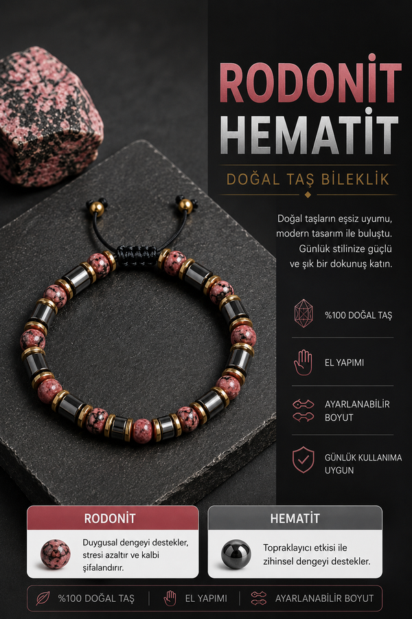Rodonit Hematit Doğal Taş Bileklik