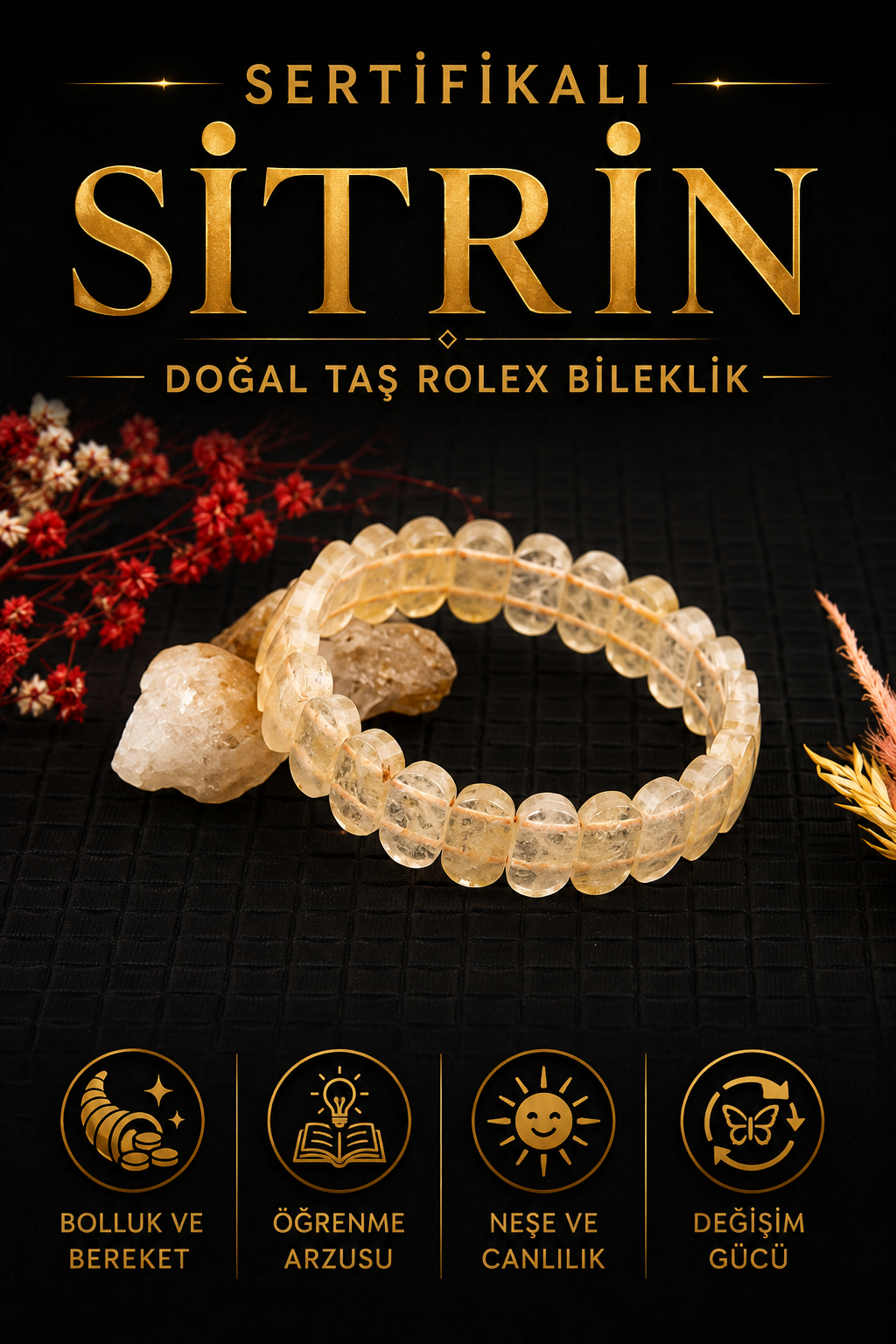Sertifikalı Sitrin Doğal Taş Roleks Bileklik - B593