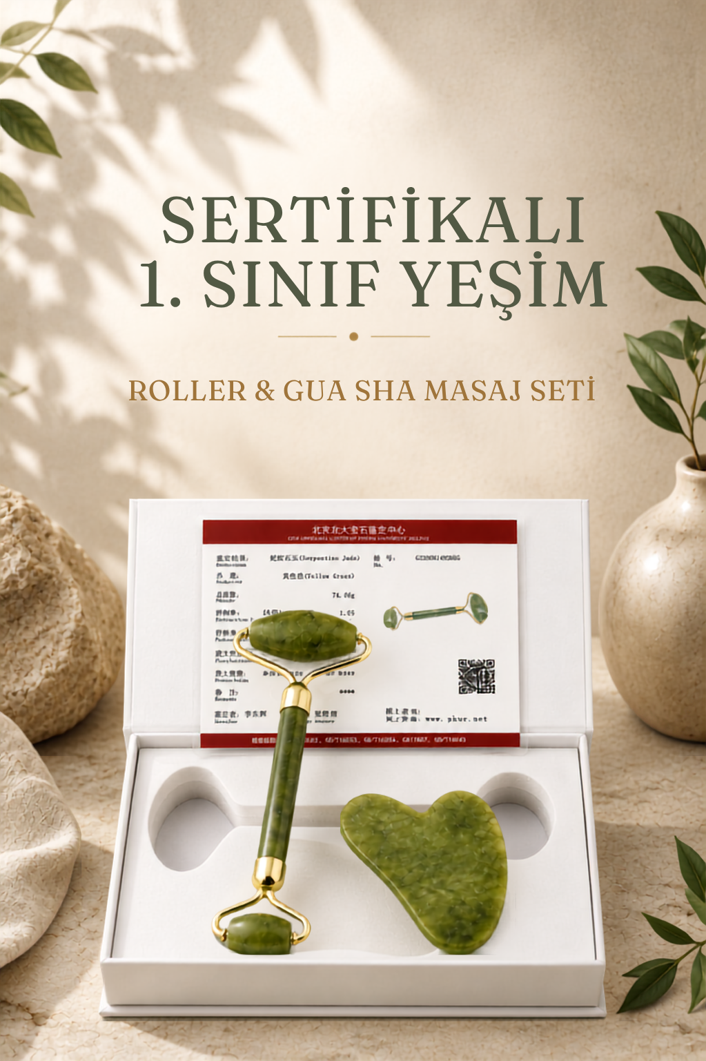 Sertifikalı 1. Sınıf Yeşim Roller Ve Kalpli Gua Sha Masaj Seti