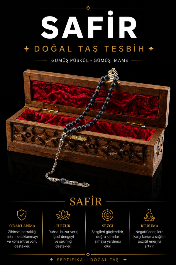Sertifikalı Safir Doğal Taş Tesbih (GÜMÜŞ PÜSKÜL-GÜMÜŞ İMAME)