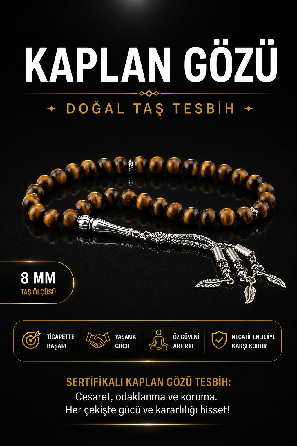 Sertifikalı Kaplan Gözü Doğal Taş Tesbih T180