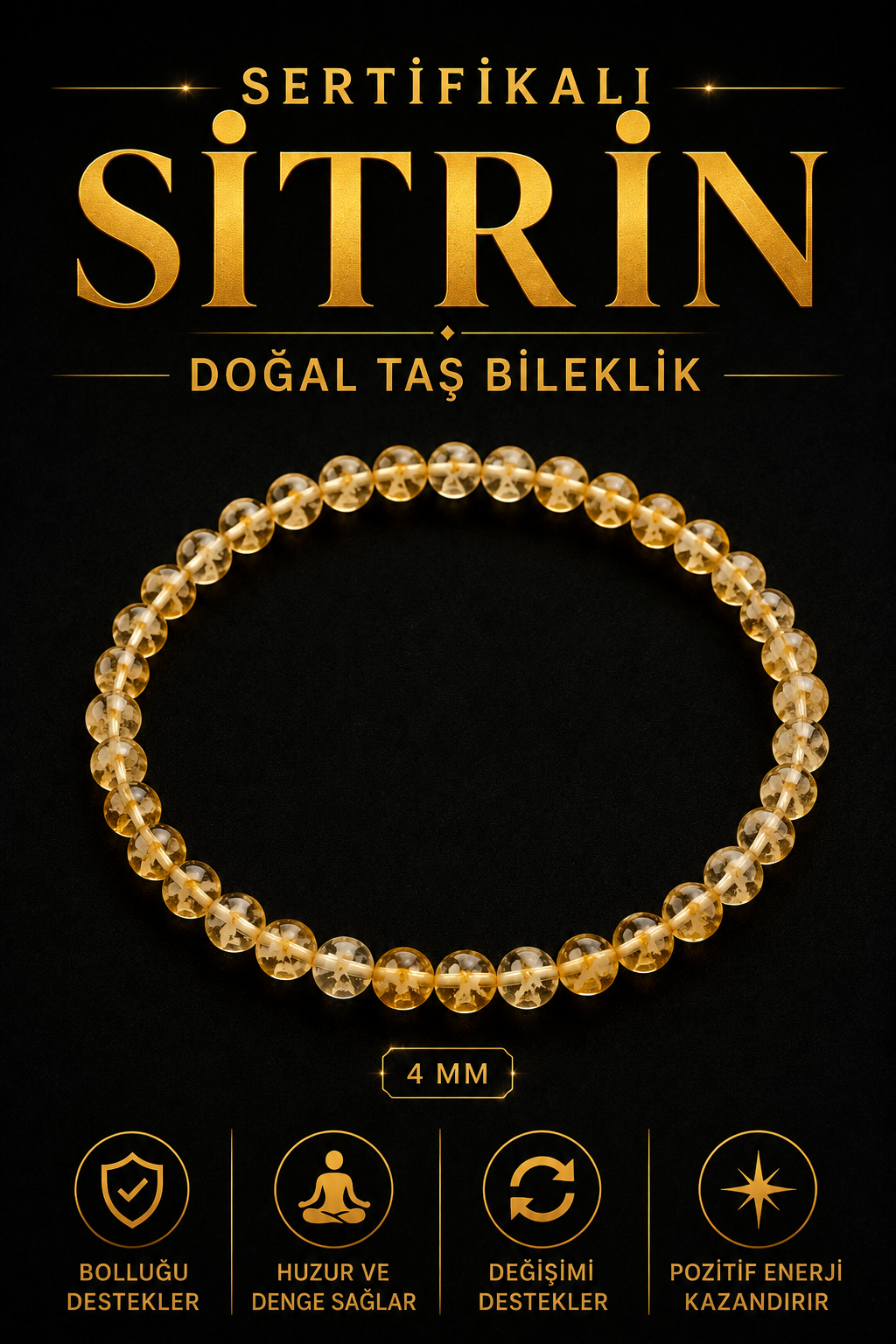 Sertifikalı Sitrin Doğaltaş Bileklik 4 Mm, B968