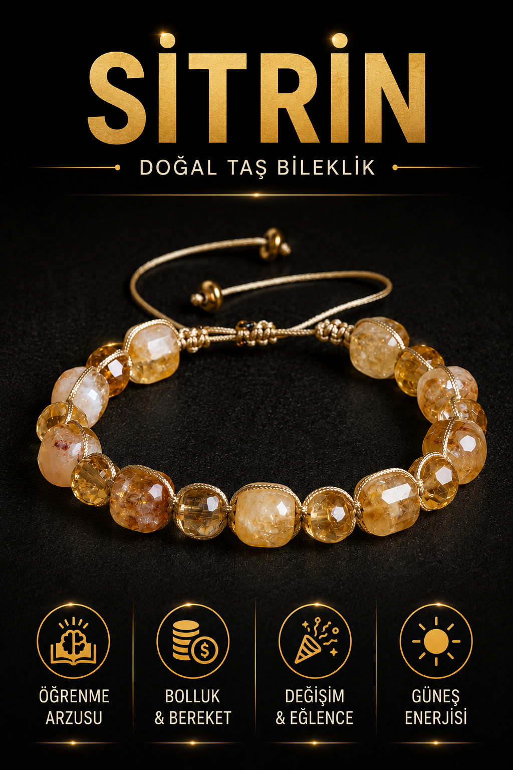 Sertifikalı SİTRİN Doğal Taş Makrome Bileklik ODT137