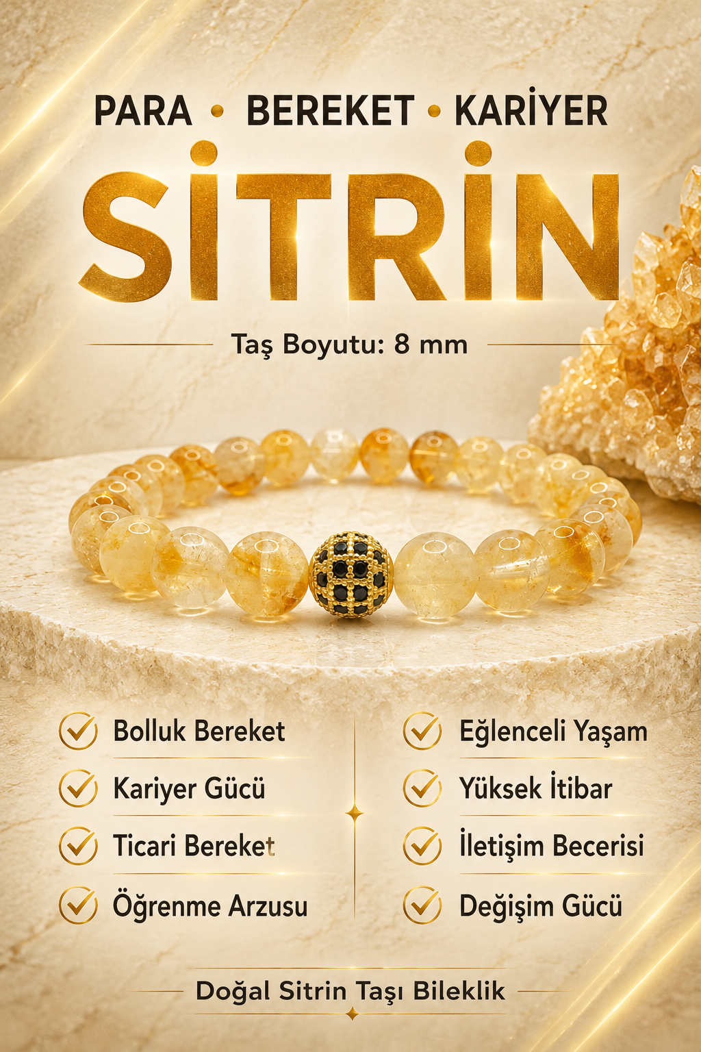 Sitrin Doğal Taş Bileklik Zirkon Aparatlı 8mm