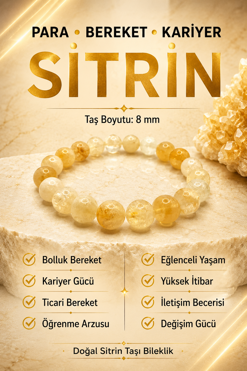 Sitrin Doğal Taş Misinalı Bileklik 8mm