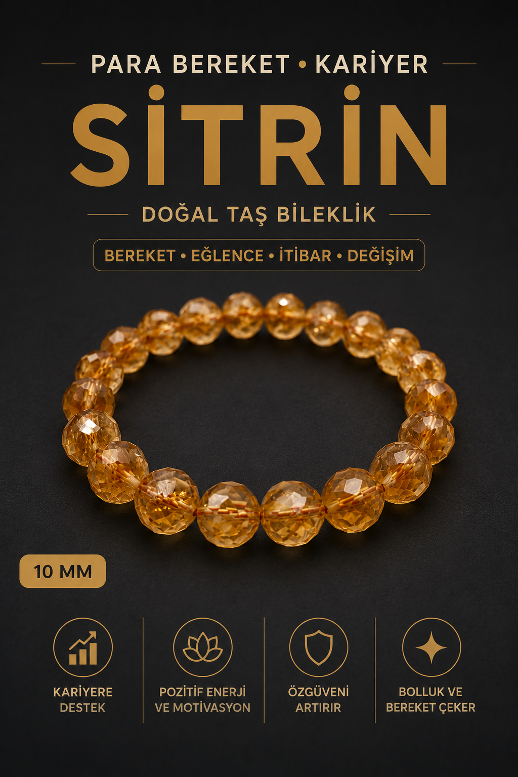 1. Sınıf A Kalite Sitrin Doğal Taş Bileklik 10 Mm