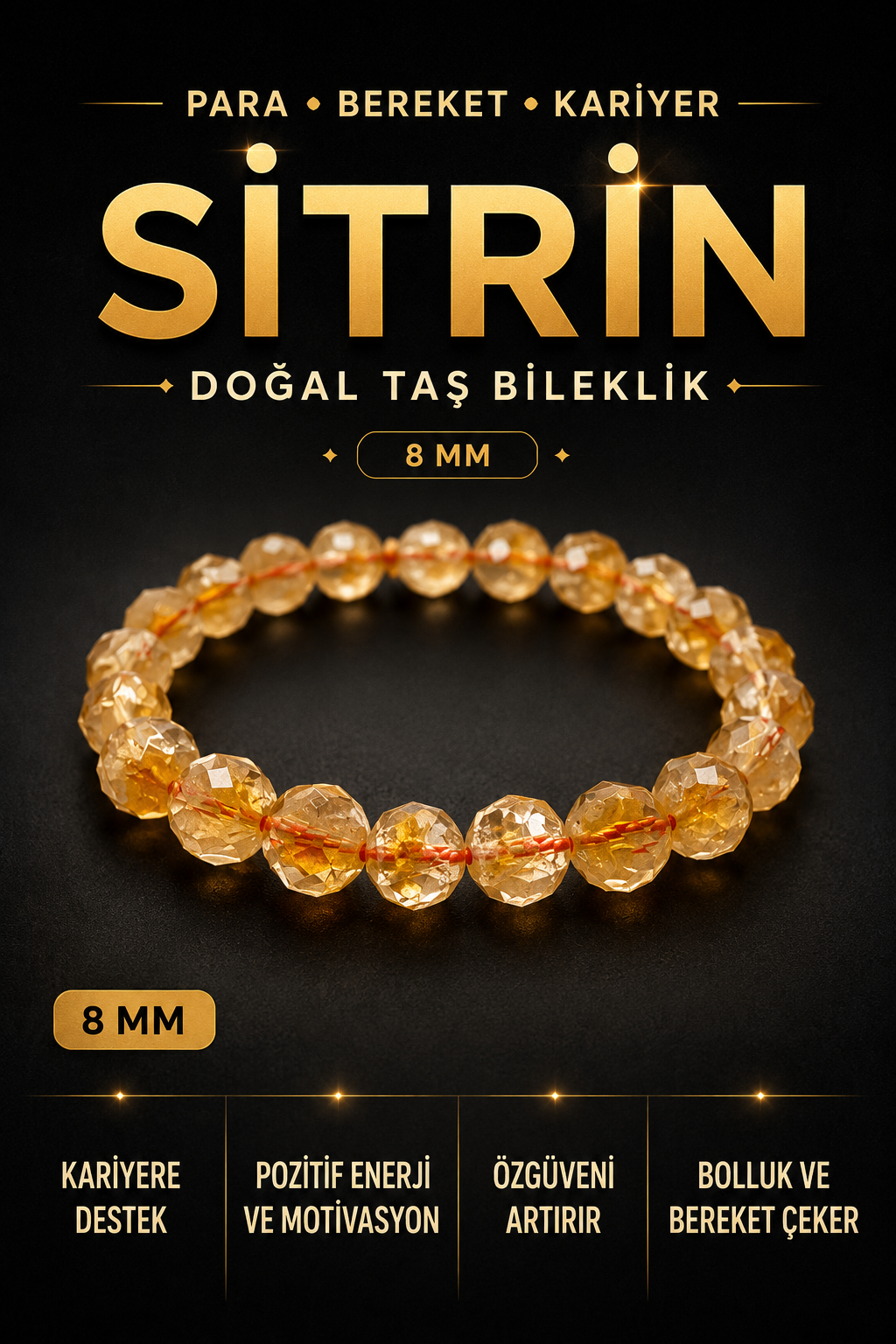 1. Sınıf A Kalite Sitrin Doğal Taş Bileklik 8 Mm