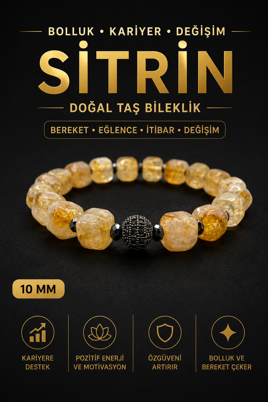 Özel Kesim Sitrin - Hematit Doğal Taş Bileklik 10mm Zirkon Aparatlı
