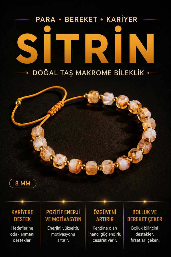 SERTİFİKALI Köşeli Sitrin Doğal Taş Makrome Ayarlanabilir Bileklik