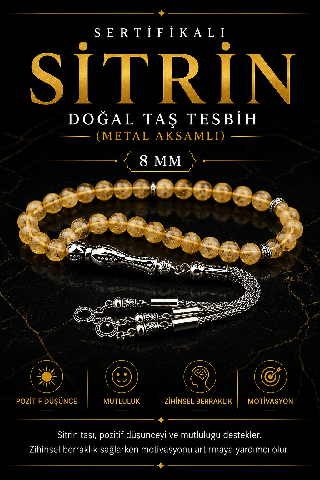 Sertifikalı Sitrin 33'lük Doğal Taş Tesbih (metal Aksamlı) 8 Mm