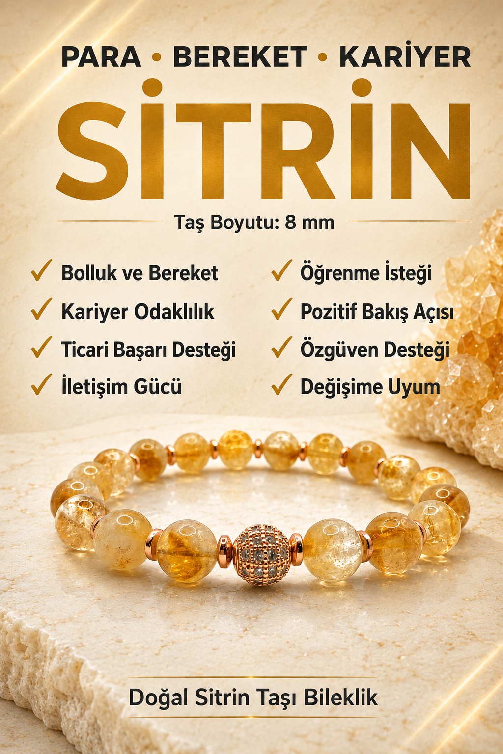 Sitrin - Hematit Doğal Taş Bileklik Zirkon Aparatlı 8 mm