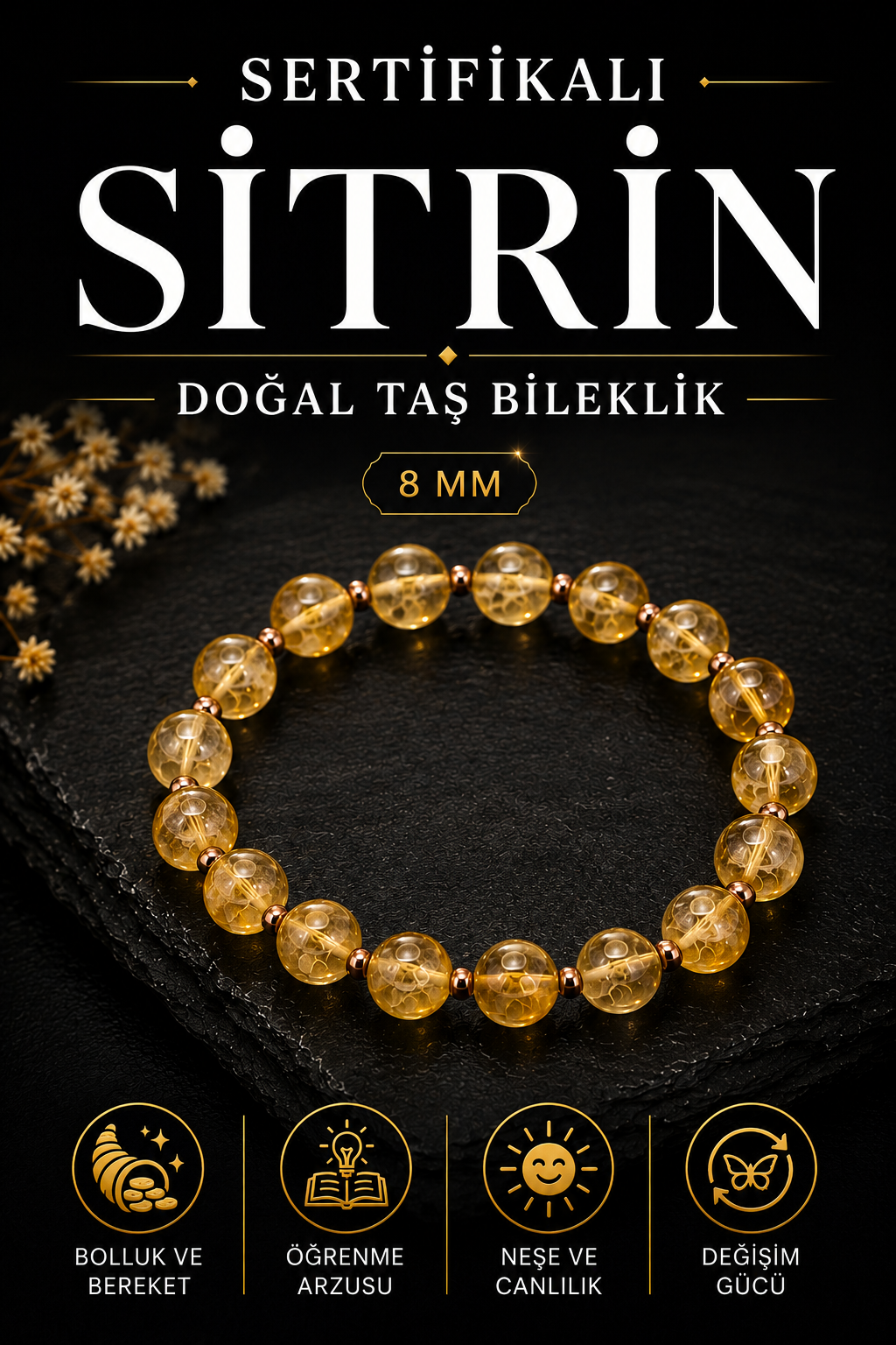 Sertifikalı Sitrin Doğal Taş Bileklik-8mm Turuncu B609