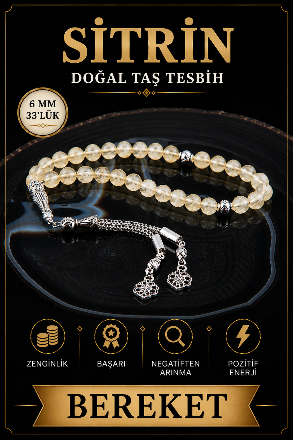 Sertifikalı Sitrin Doğaltaş Tesbih 6 Mm, T214
