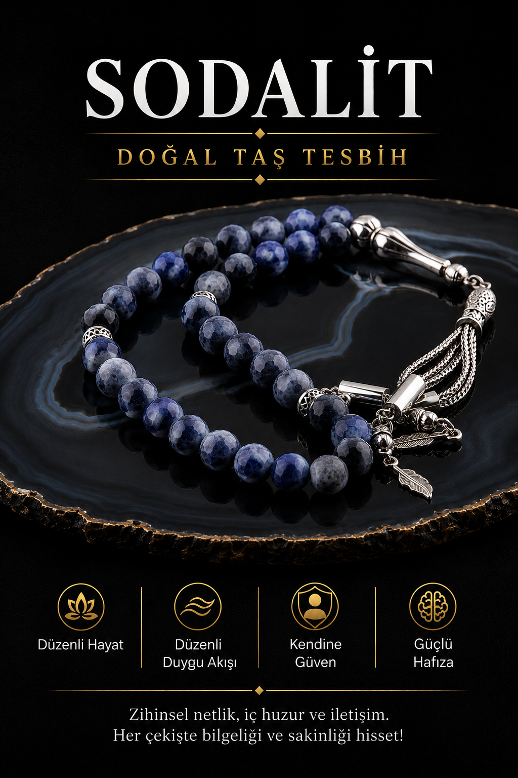 Sertifikalı Sodalit Doğal Taş Tesbih T185