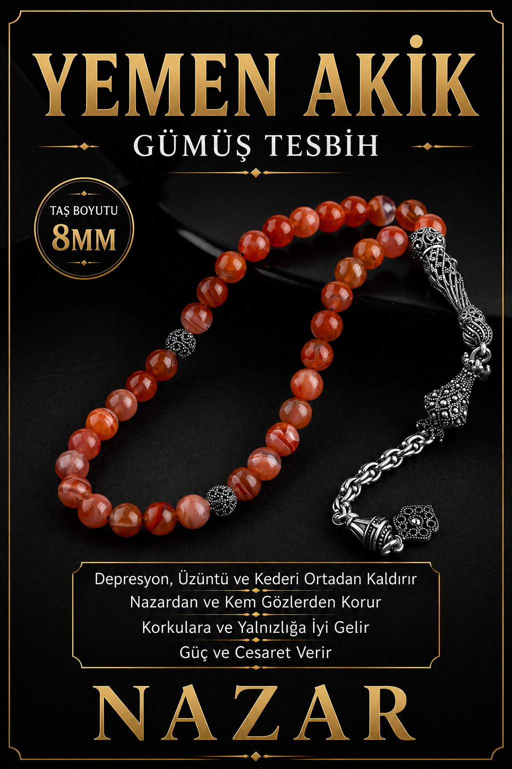 Sertifikalı Yemen Akik Doğal Taş 33'lük Gümüş Tesbih
