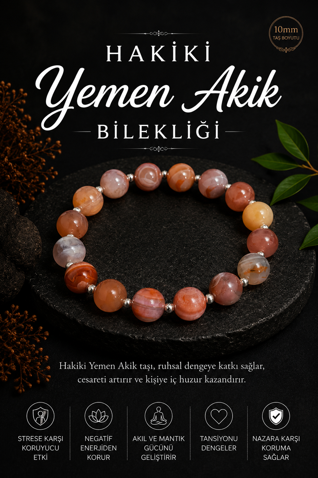 Sertifikalı 10mm Hakiki Yemen Akik Bileklik (Beyaz Hematitli)