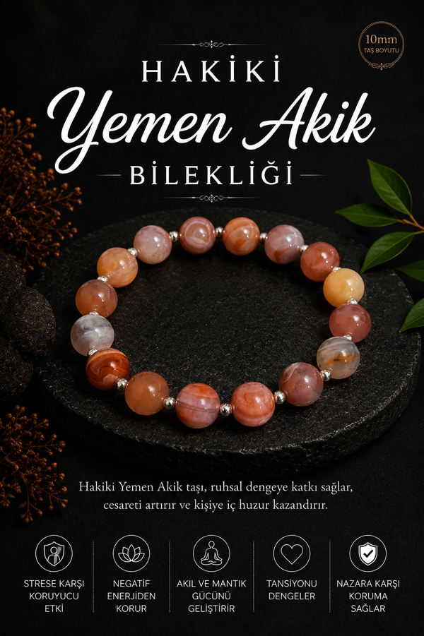 Sertifikalı 10mm Hakiki Yemen Akik Bileklik (Beyaz Hematitli)