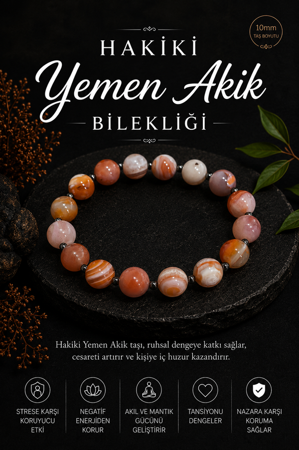 Sertifikalı 10mm Hakiki Yemen Akik Bileklik (Siyah Hematitli)