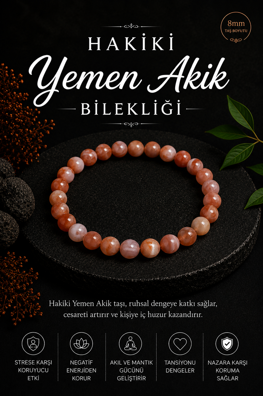 Sertifikalı 8mm Hakiki Yemen Akik Bileklik