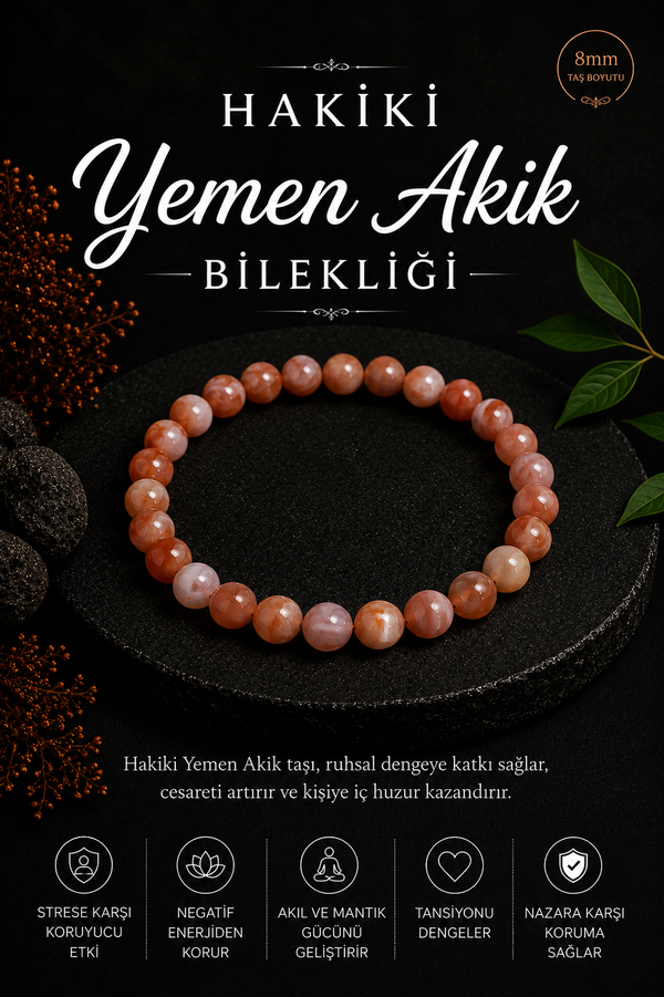 Sertifikalı 8mm Hakiki Yemen Akik Bileklik