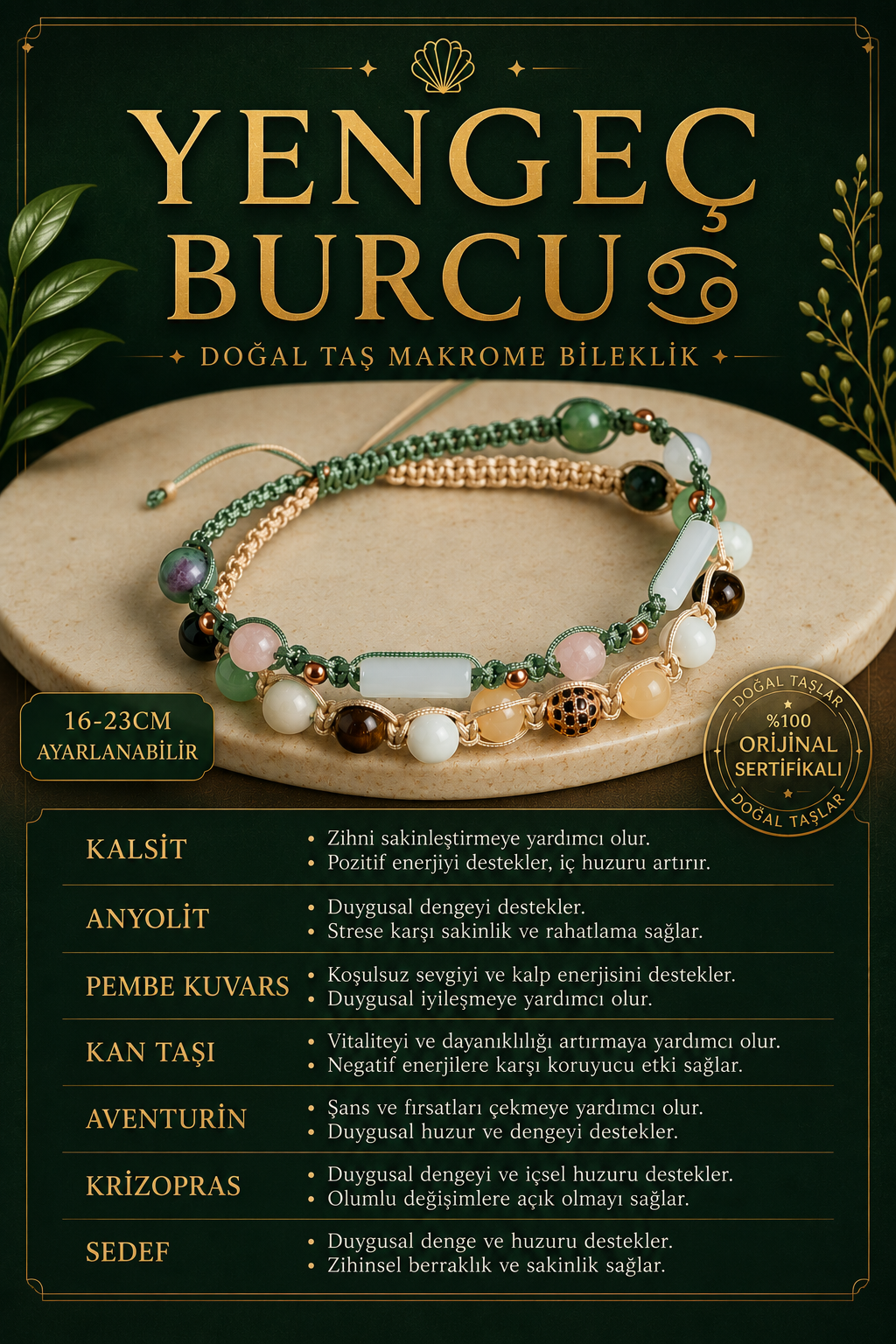 SERTİFİKALI Yengeç Burcu Doğal Taş İkili Makrome Bileklik