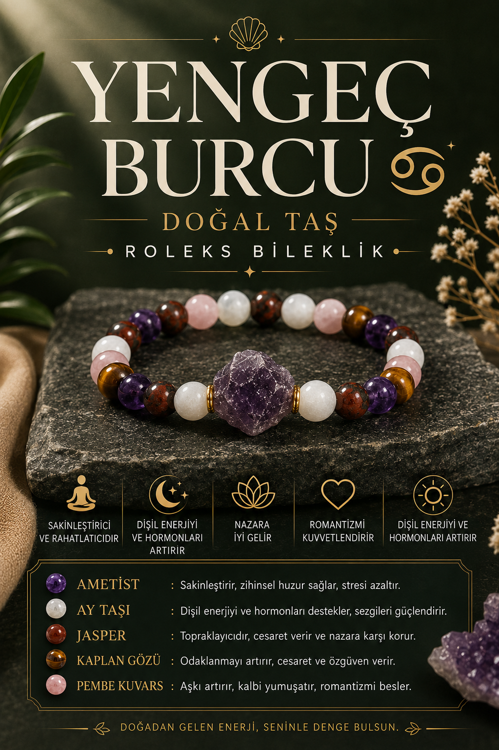 Yengeç Burcu Doğal Taş 8mm Yonca Bileklik