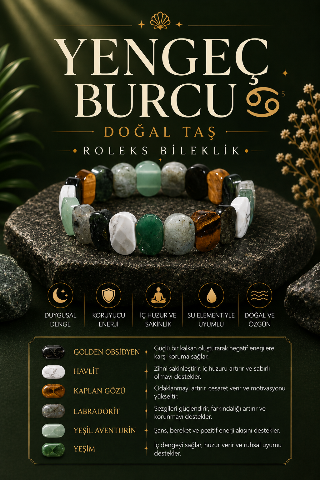 Yengeç Burcu Doğal Taş Geniş Kesim Bileklik