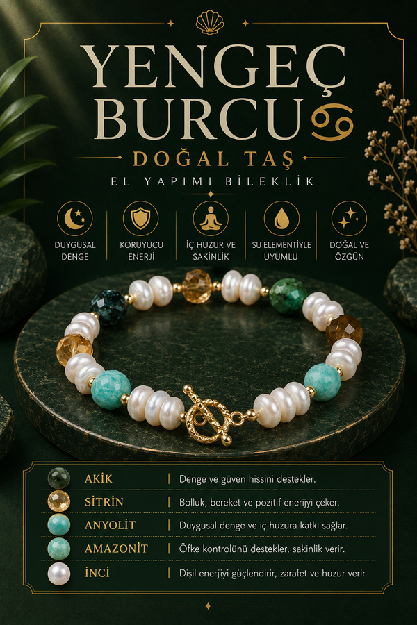 SERTİFİKALI İnci-Sitrin-Anyolit-Amazonit-Akik Yengeç Burcu Doğal Taş Gümüş Aparat Bileklik ODT167