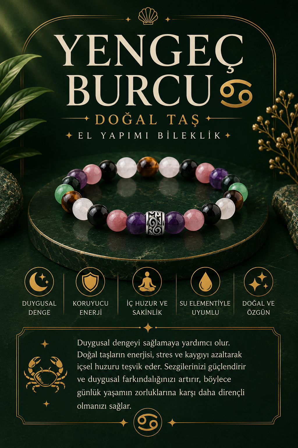 Sertifikalı Yengeç Burcu Doğal Taş Bileklik B078