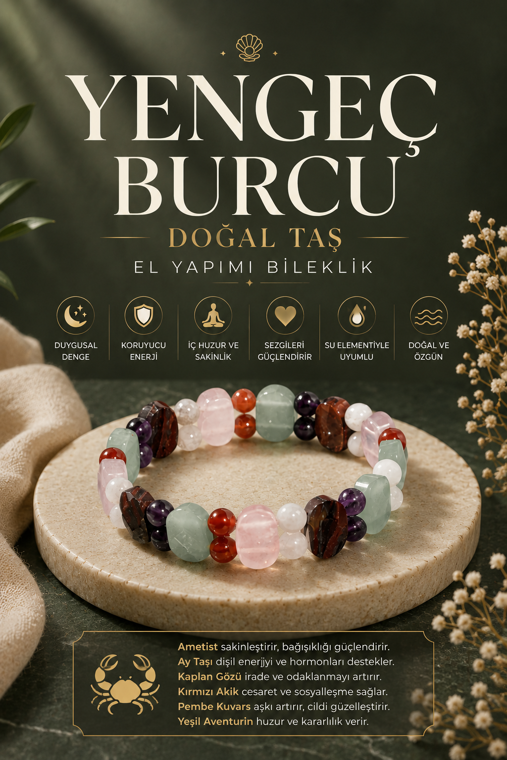 Yengeç Burcu Doğal Taş Geniş Kesim El Yapımı Bileklik