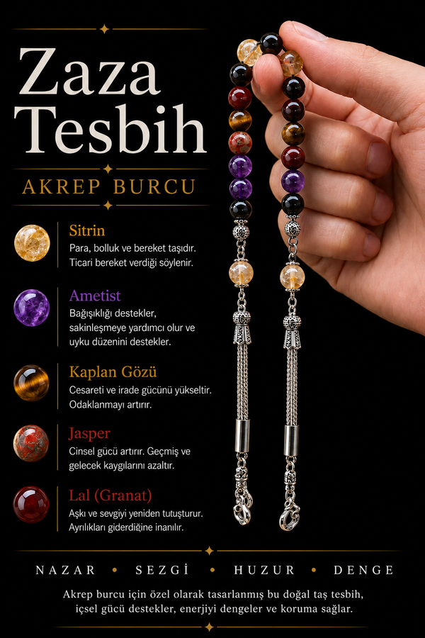 Akrep Burcu Zaza Tesbih Doğal Taş Ametist, Kaplan Gözü, Lal, Sitrin, Jasper