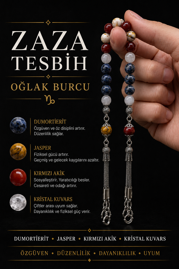 Oğlak Burcu Zaza Tesbih Doğal Taş Dumortierit, Jasper, Kırmızı Akik, Kristal Kuvars